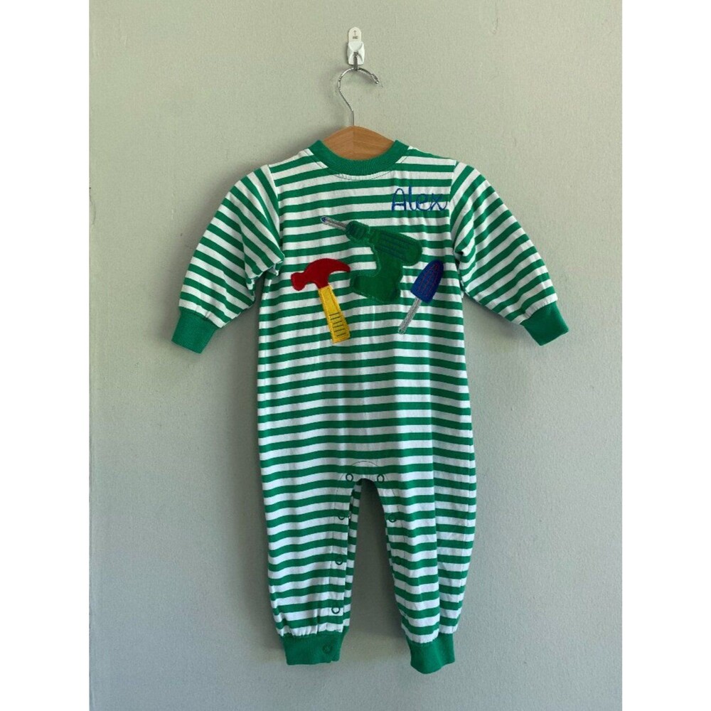 Bailey Boys Snap Pajamas Embroidered Alex Tools Green White Stripes Pajamas 12M
